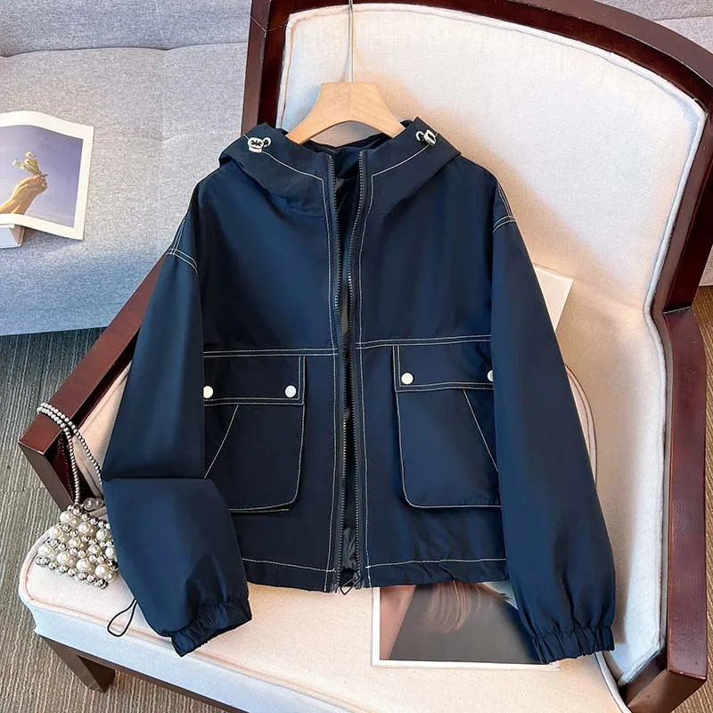 

New Popular Autumn Women's Casual High-end Top Navy Blue Hooded Jacket Women's Trend Loose Coat Top