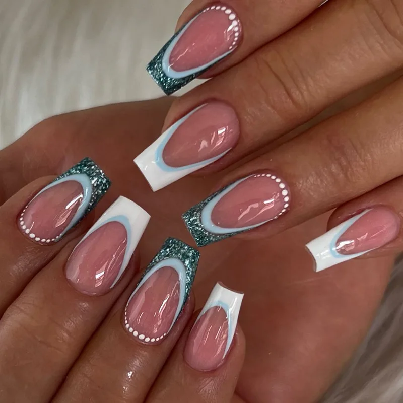 24 pçs/set simples branco dicas de unhas falsas com pó brilhante design curto quadrado cabeça imprensa em unhas falsas wearable acabado manicure