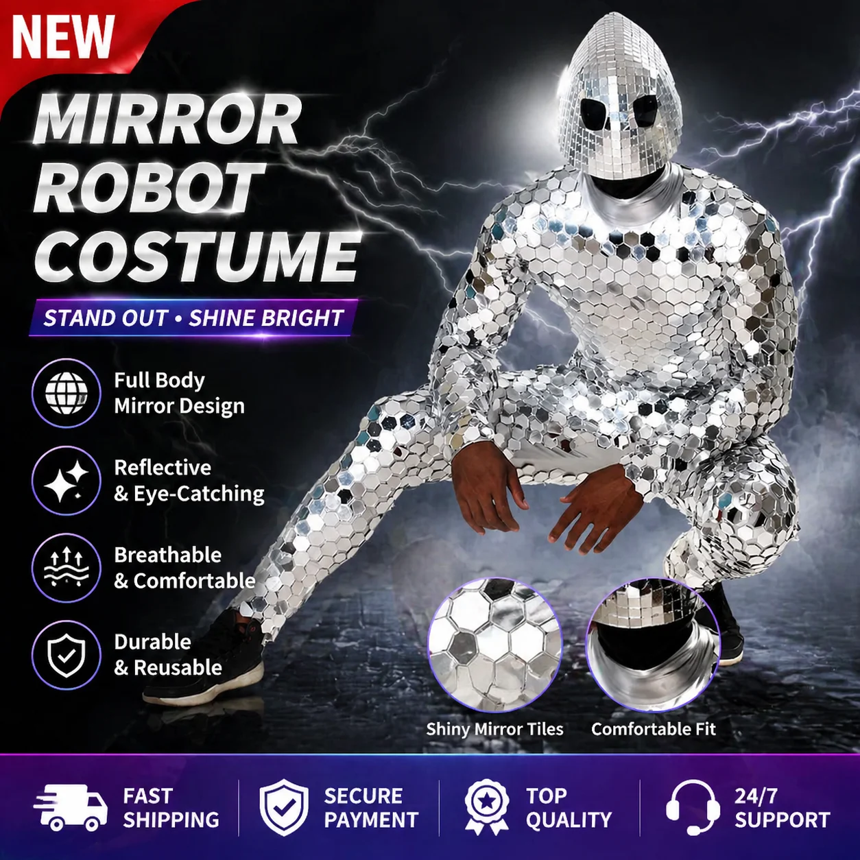 

Men's Space Alien Performance Costume Jumpsuit with Mask Personalized Styling Mirror for Cosplay DJ Nightclub Gogo Party