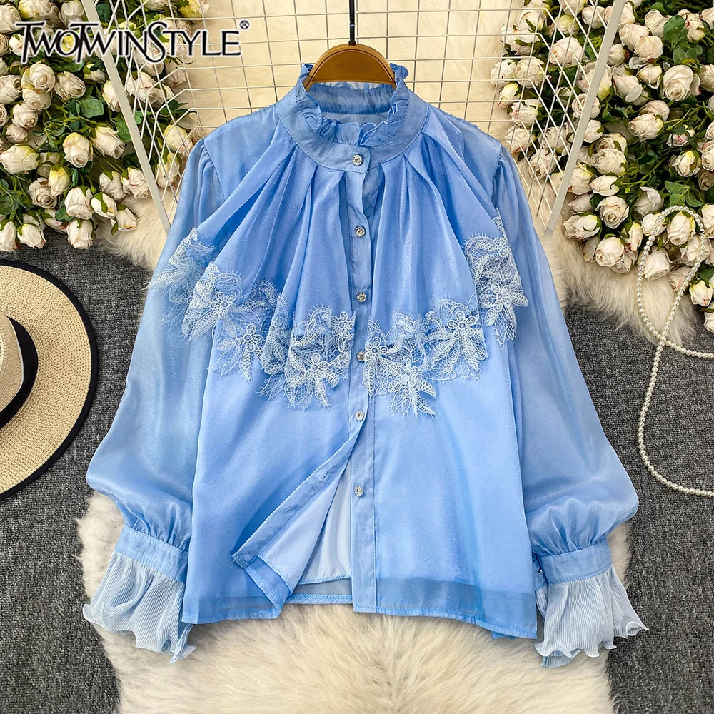 

TWOTWINSTYLE Solid Spliced Lace Slimming Blouses For Women Round Neck Long Sleeve Spliced Button Chic Shirts Female KBL544123
