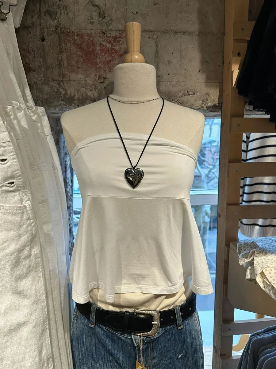 Folds Strapless Tank Top for Woman Summer Soft Cotton White Simple Crop Tops Female Casual Vintage Streetwear Sweet Cropped Vest