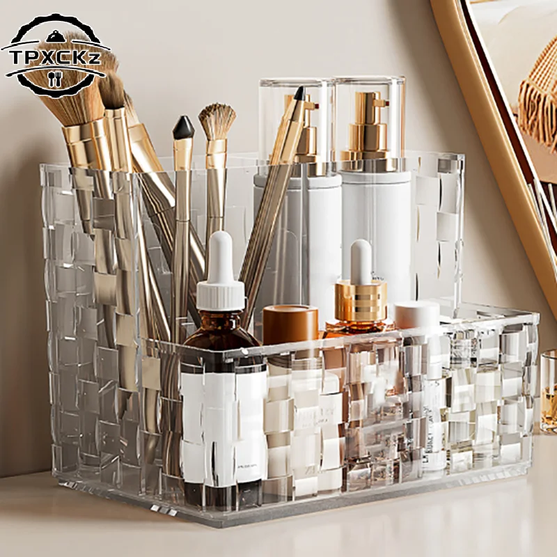 صندوق تخزين مكتبي شفاف خفيف فاخر متعدد الشبكات منظم المكياج صندوق مستحضرات التجميل سعة كبيرة حامل جهاز التحكم عن بعد
