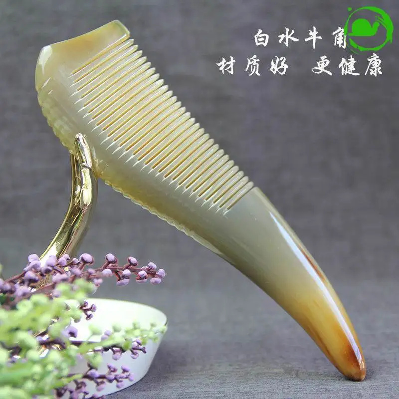 Natural Genuine Goods White Buffalo Horn Comb Ebony Sandalwood Comb Yak Skull High-Profile Figure for Long Hair Female Static El