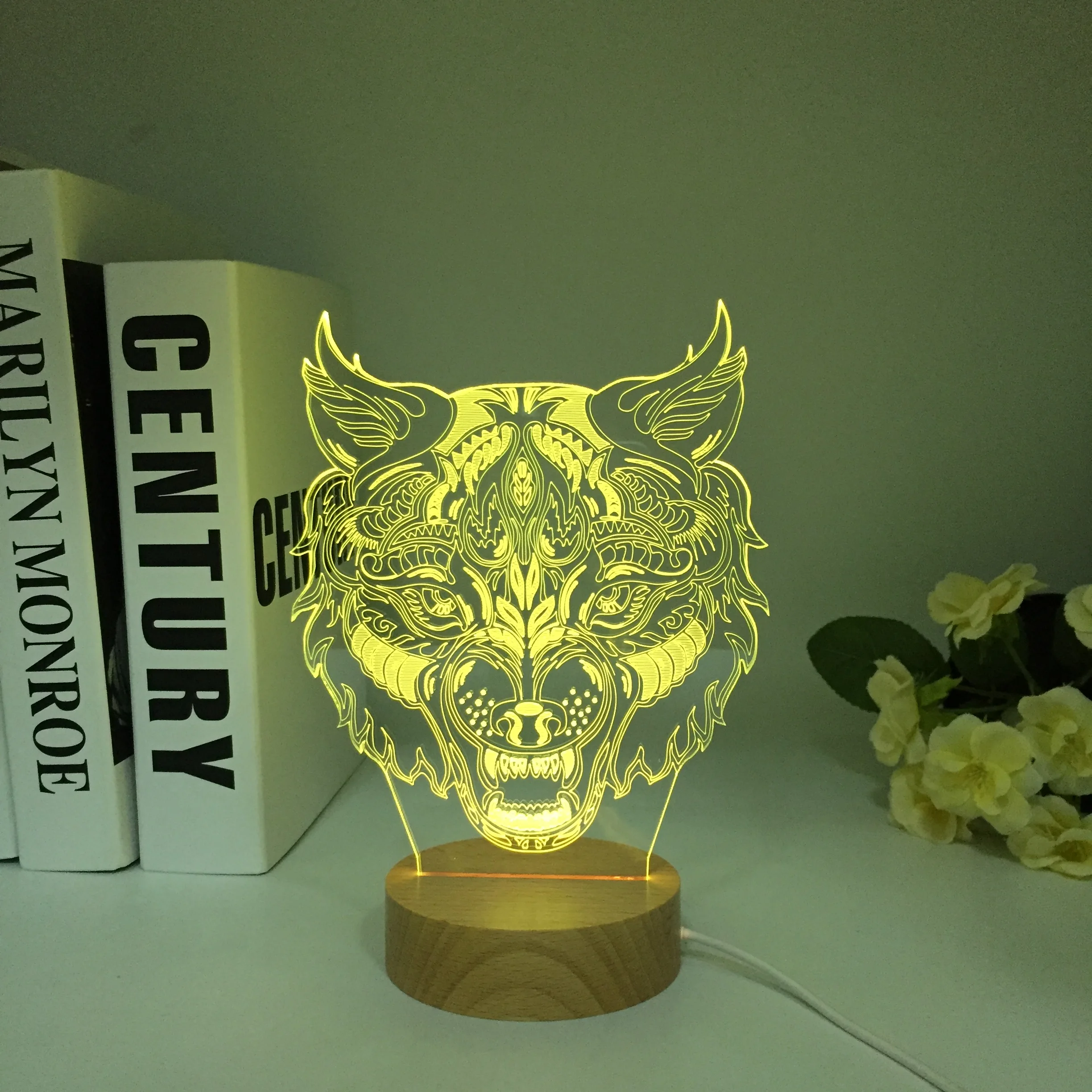 Lobo de madeira 3D LED Night Light for Kids, Touch Illusion, 7 Color Changing, USB Table Lamp, Nightlight, Decoração do Quarto, Presente