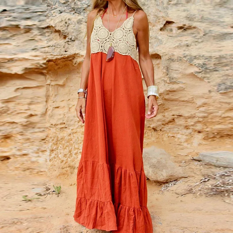 Sexy Sleeveless High Waist Pleated Bohemian Dress 2023 New Ladies V-neck Lace Patchwork Long Dresses Summer Seaside Beach Dress