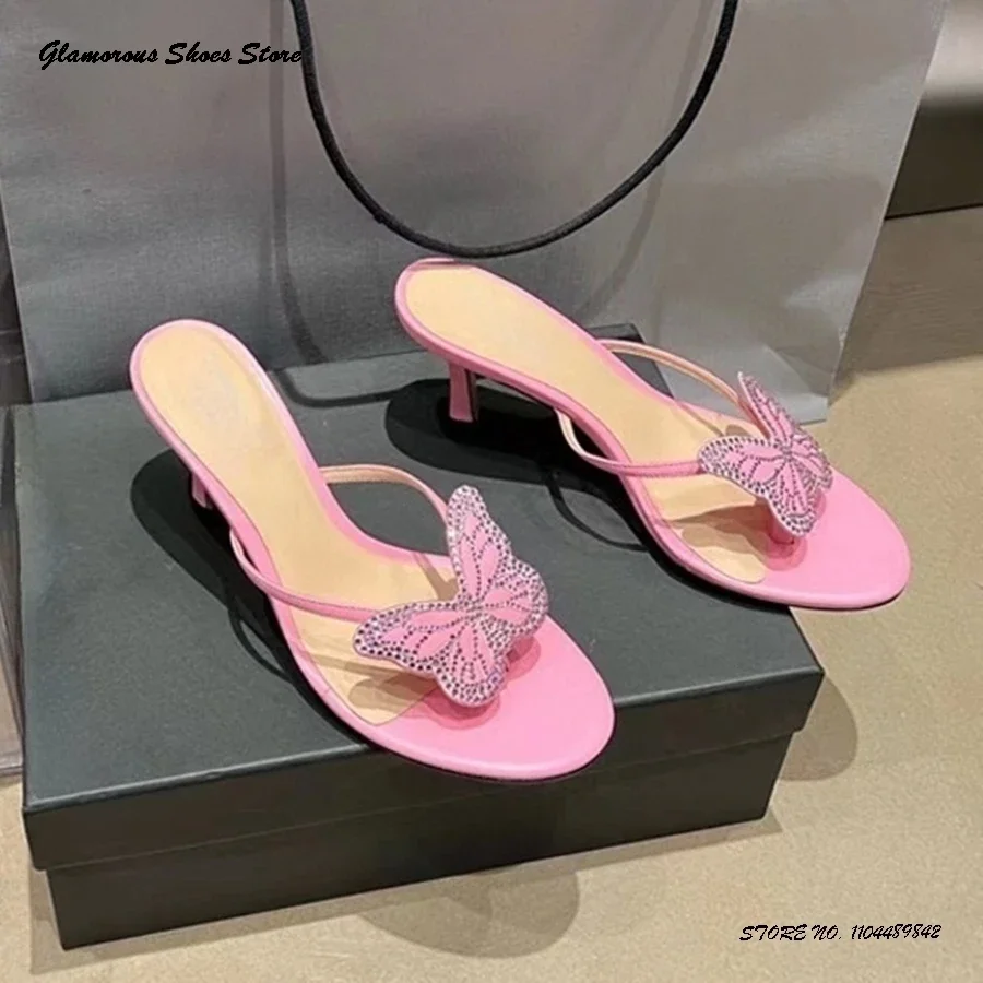 

Crystal Butterfly Appliques Flip Flops Casual Open Toe Thin Heels Vacation Style Beach Shoes Women's Summer Pull On Slippers