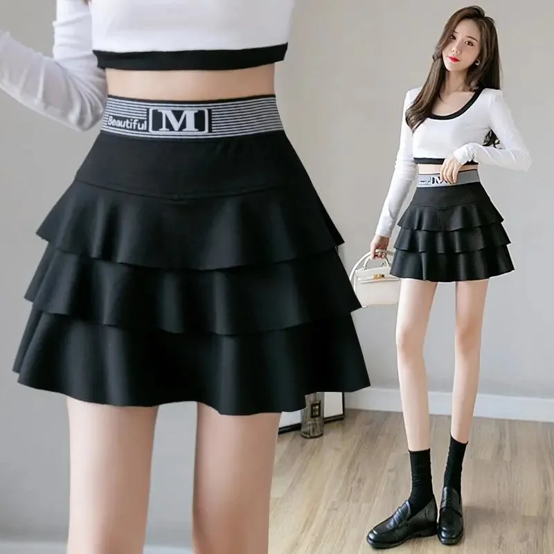 Black High Waist A-Line Puffy Skirt Women's Spring Summer Fashion Slimming Baked Cake Short Skirt with Inner  Anti-Light