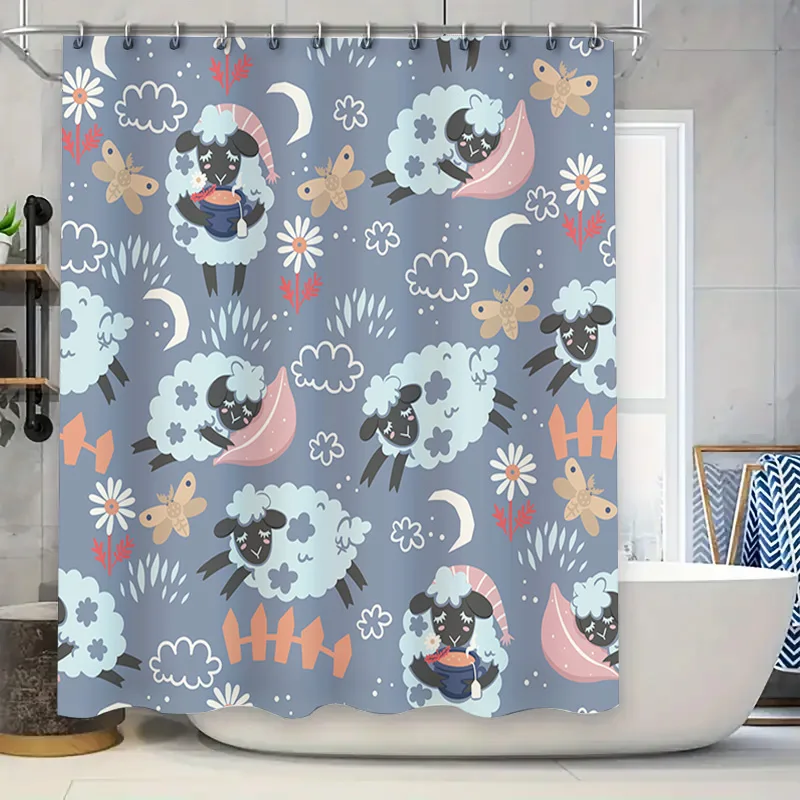 

Синяя занавеска для душа с очаровательным узором овцы для украшения ванной комнаты доступна в различных размерах