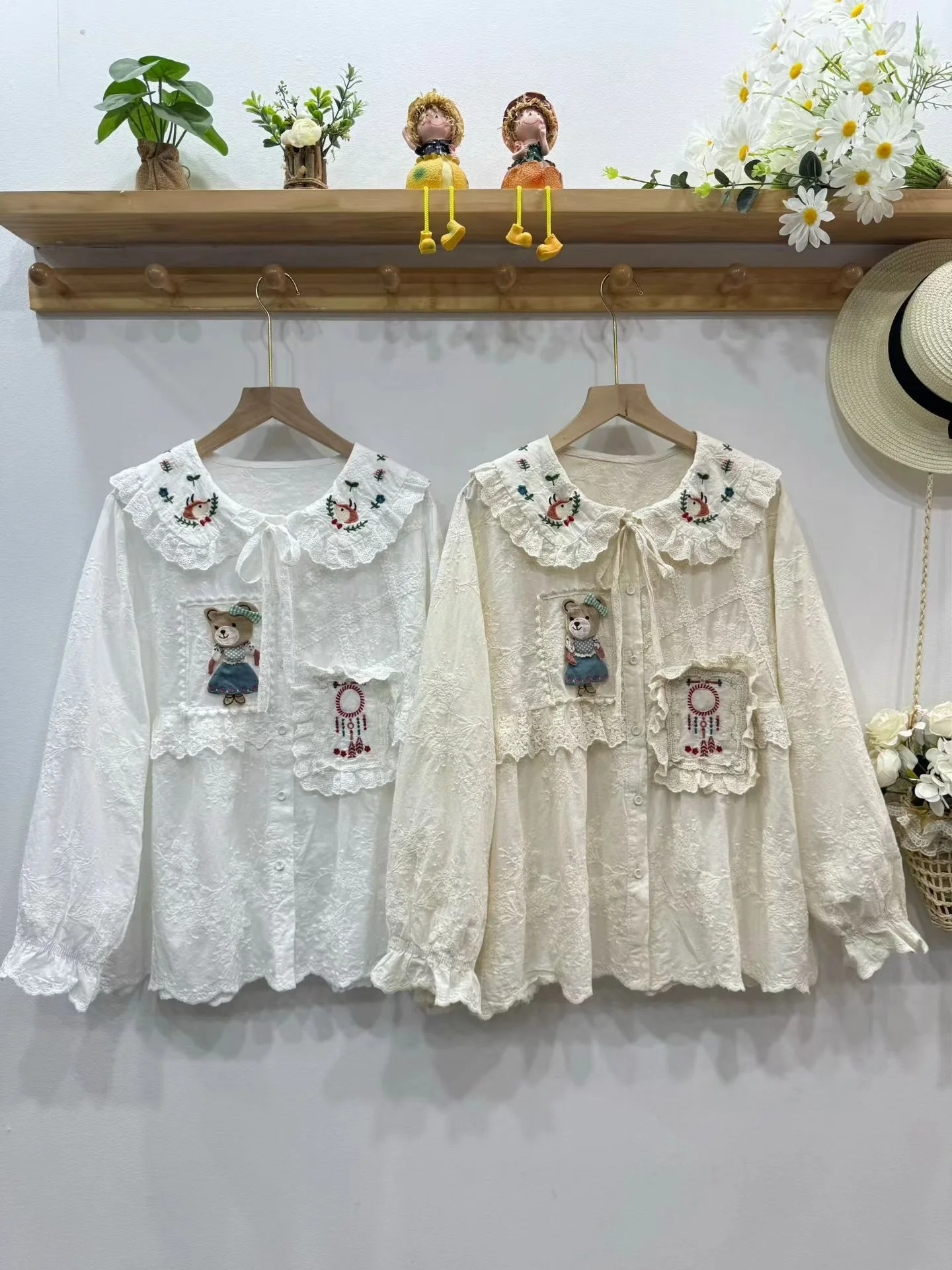 

Хлопковая блузка из чистого хлопка с длинным рукавом, вышивкой медведя, кружевным воротником и свободным кукольным воротником, молодежная, для девочек, милая, свободного кроя