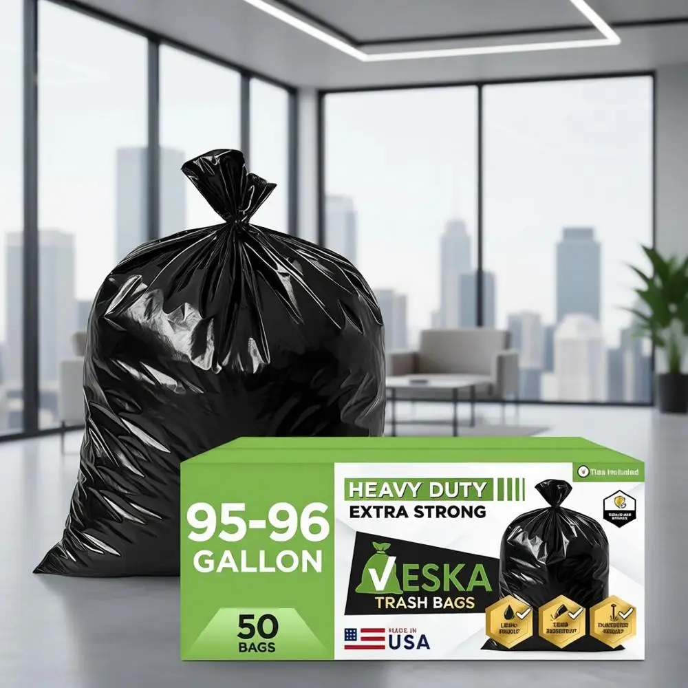 

Heavy-Duty 95-96 Gallon Trash Bags, 50 Pack with Ties, Large Black Can Liners for 90-100 Gallon Bins