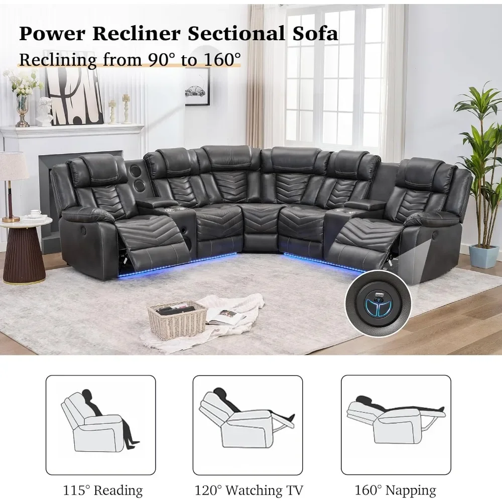 recliner，Power Reclining Sectional Couch with Bass Speaker Recliner Reclining Sectional Sofa with LED Light Faux Leather