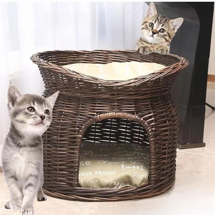 籐製猫用洞窟型寝具-オールシーズン対応-小型犬用ハウス-密閉型-深い眠りペットケージ-夏用冷却マット-中型犬用ベッド