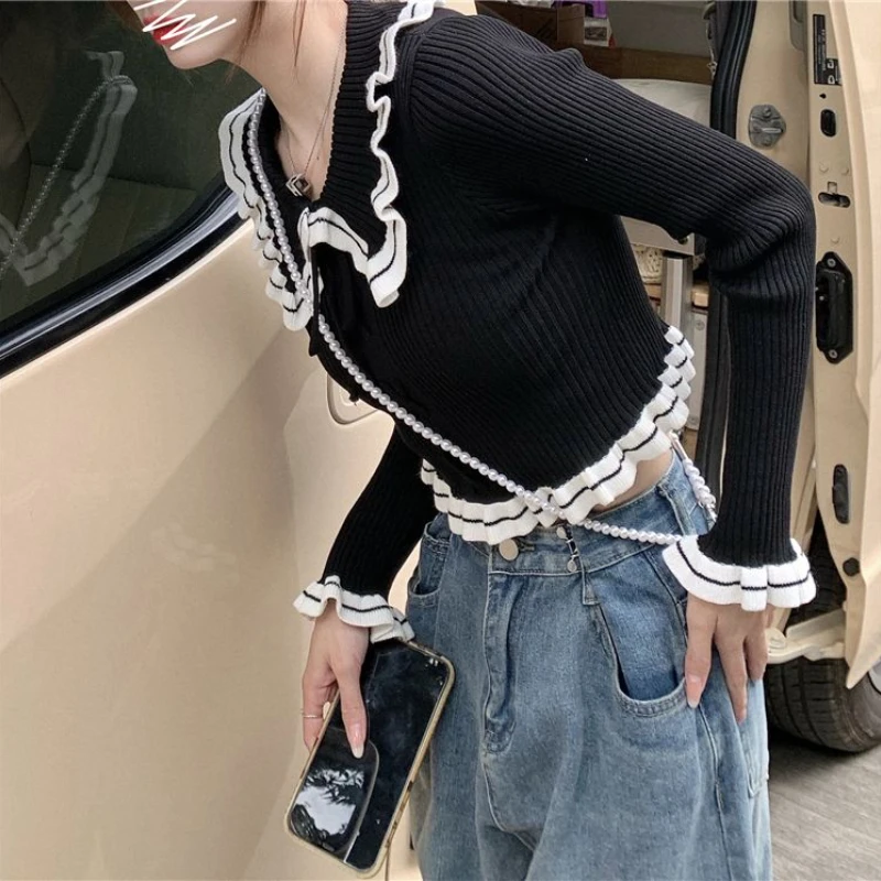 Preppy Style Knit Pullovers Women New Spring Cropped Design Chic Girls Sweater Streetwear Slim Sweet Ruched Retro French Trendy