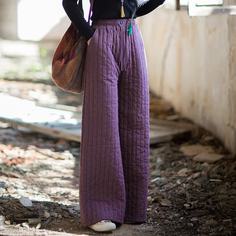 2025 Winter Women's Ramie-Linen Quilted Pants: Vertical Stitching, Wide-Leg & Premium Feel.