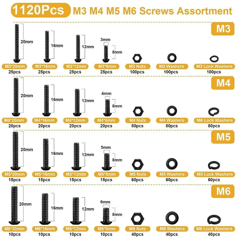 【Clearance Sale】1120Pcs Metric Assortment M3//M5/M6, Bolts and Nuts Kit,Metric Bolt Assortment, Grade 10.9 Alloy Steel
