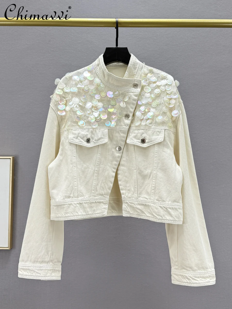 

Fashion Sequined Short Denim Jacket Women's 2025 Spring Clothes New Loose Slim-fit European Heavy Long-sleeved Coat Ladies Tops