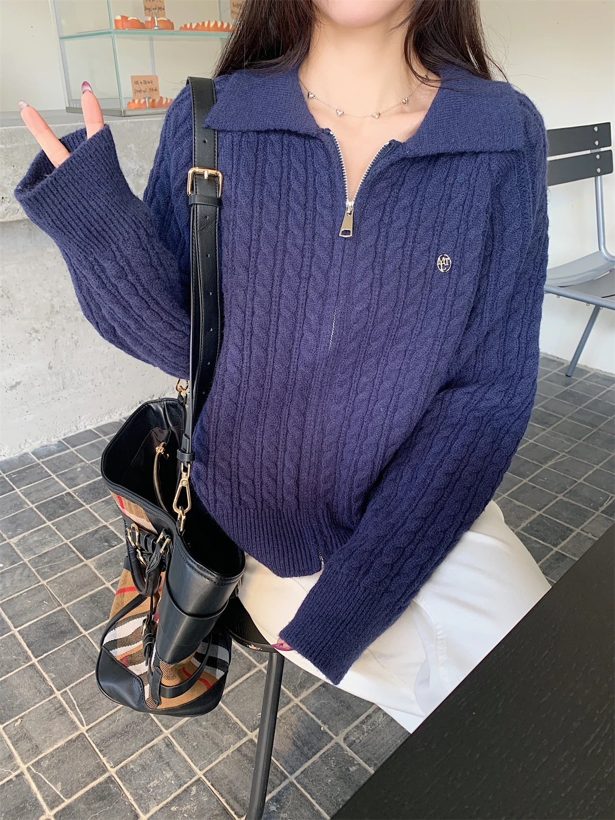 

Корейский винтажный свитер для женщин, жареное тесто, воротник-поло на молнии, свободный повседневный осенне-зимний свитер