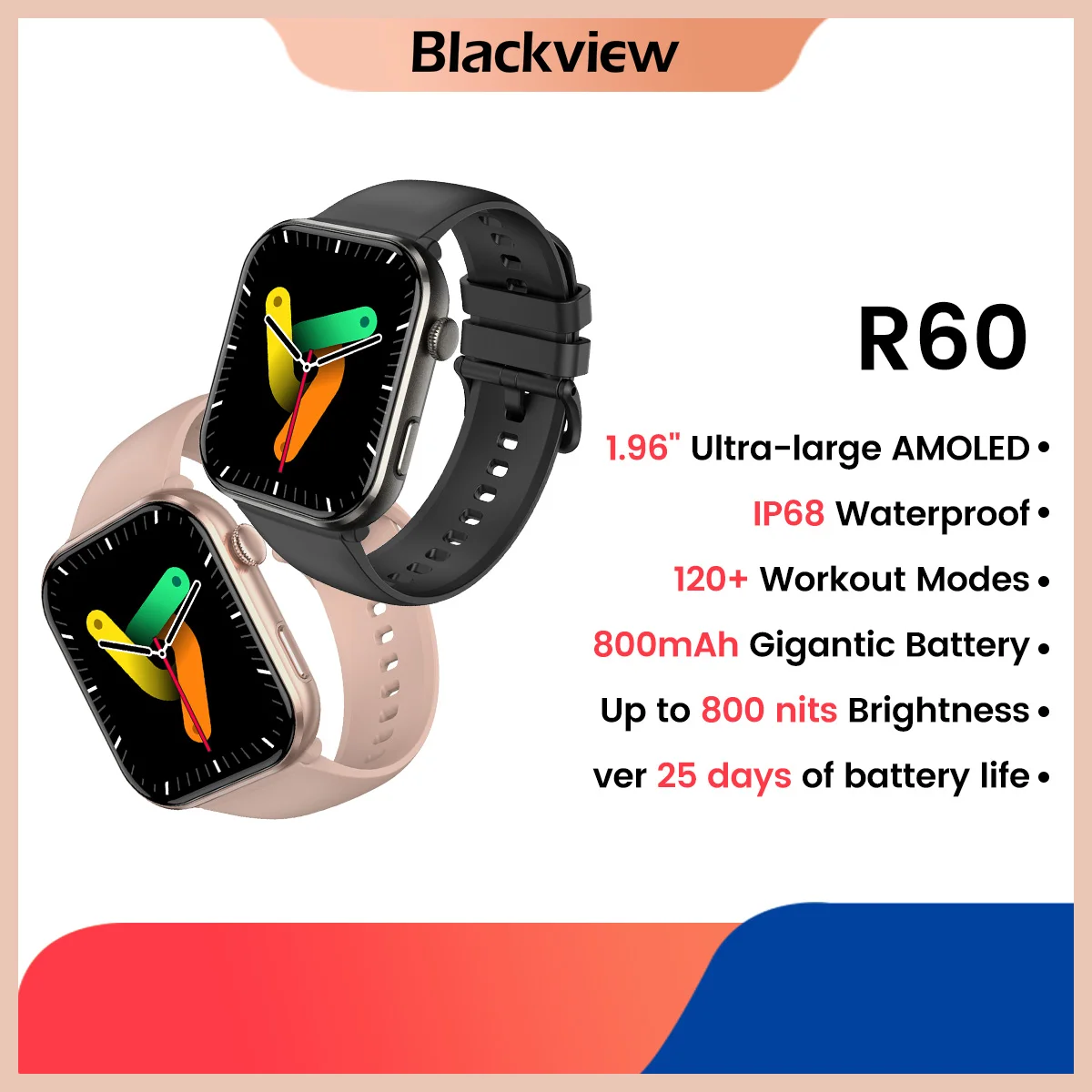 Blackview Smartwatch R60 Watch 1.96 \'\'AMOLED Display 800mAh chiamate telefoniche Bluetooth monitoraggio della salute e del Fitness