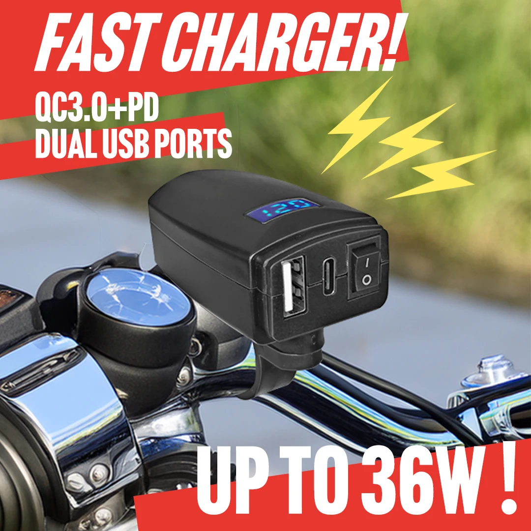 

PD+QC3.0 Motorcycle USB Fast Charger Handlebar Dual USB Socket with Switch Voltmeter Waterproof 12V Power Supply Adapter