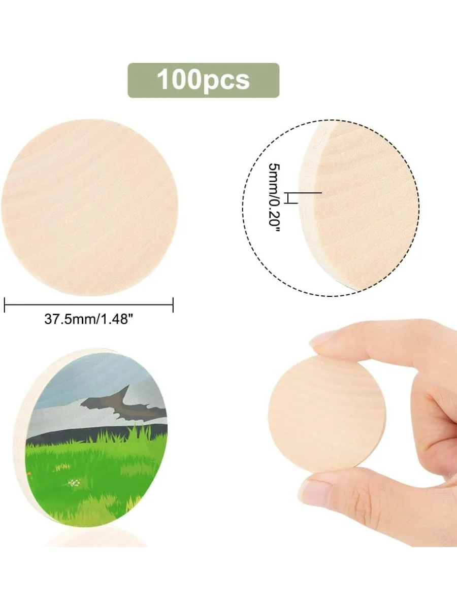 100pcs Small Wood Slices 1.5 inch Unfinished Wooden Discs Pieces Round Wood Circles Blank Natural Wooden Cutouts Rustic