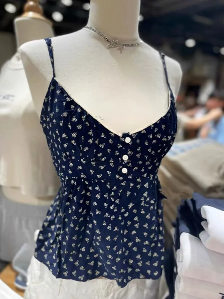 Casual Women Front Buttons Navy Floral Printed Camis 2023 Summer Fashion Ladies Sleeveless Slim Camis Female Chic Tops