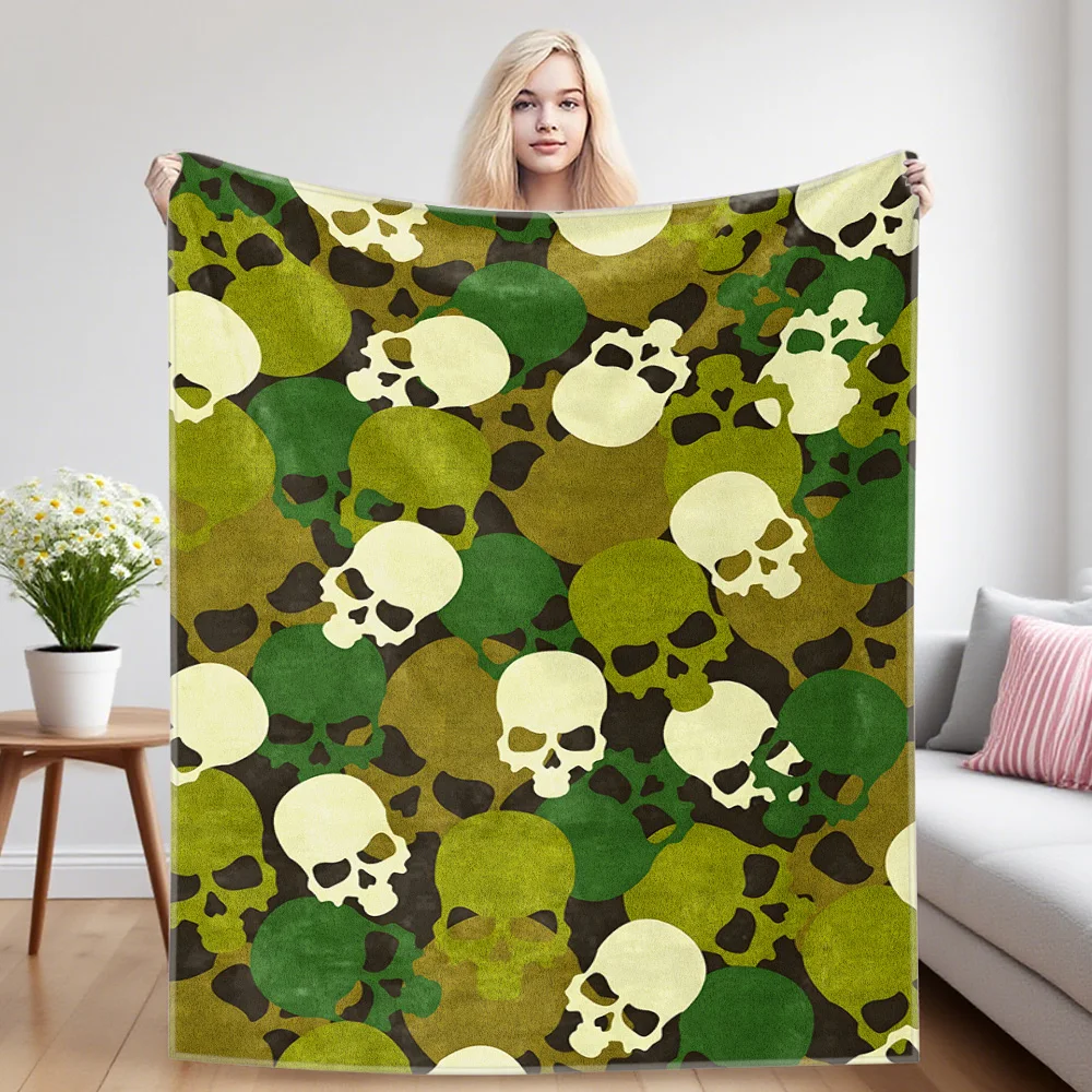 Skull Camo Flannel Luxury Blanket, Lightweight And Comfortable Woolen Blanket, Ultra-Fine Fiber
