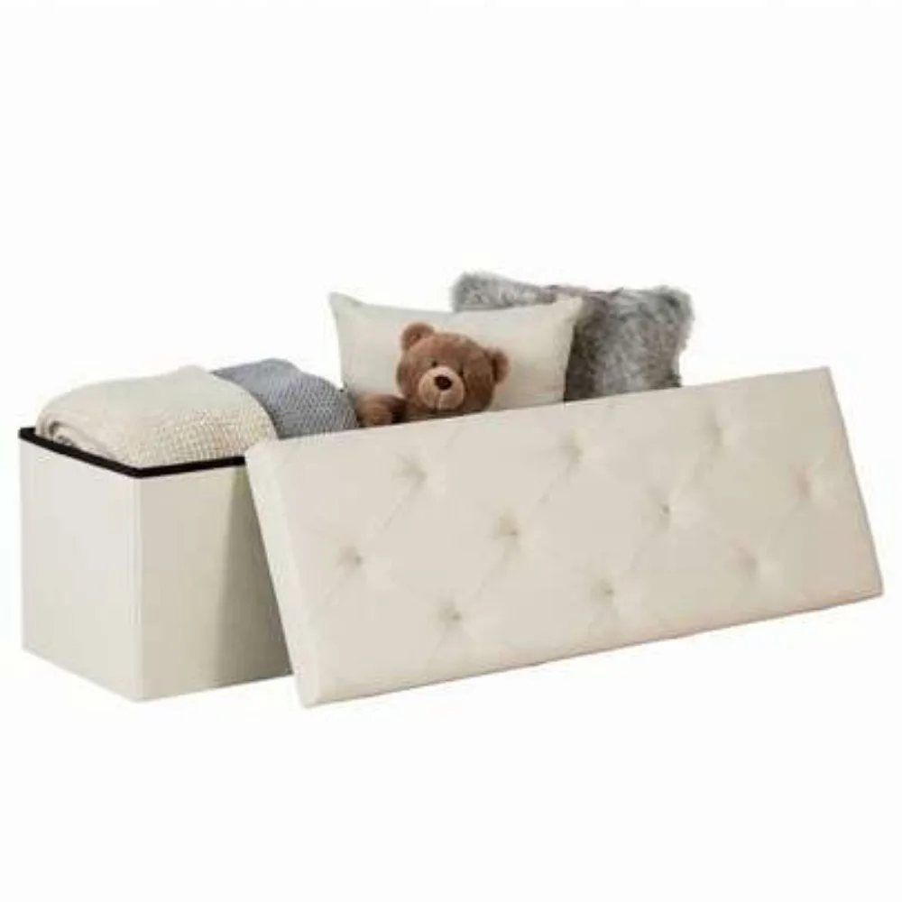 43 Inch Folding Storage Ottoman Bench with Sturdy Wood Frame, Multi-Functional Foot Rest Stool, Entryway Shoe Storage Chest, Bedroom Bench with Hidden Compartment, Space Saving Seat for Living Room Hallway, Beige Linen Upholstered