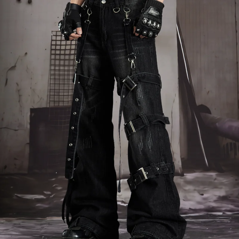 MWJLPWQ Washed Wide Leg Denim Jean Multi Metal Buckle Strap Rivet Decor High Waist Men Gothic Punk Street Loose Bottom 16954