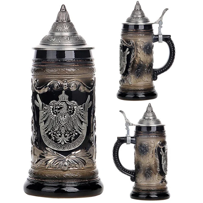 

600ml Beer Mug German Coats of Arms Medallion Tankard with Petwer Lid for Men's Husband Father's Gifts