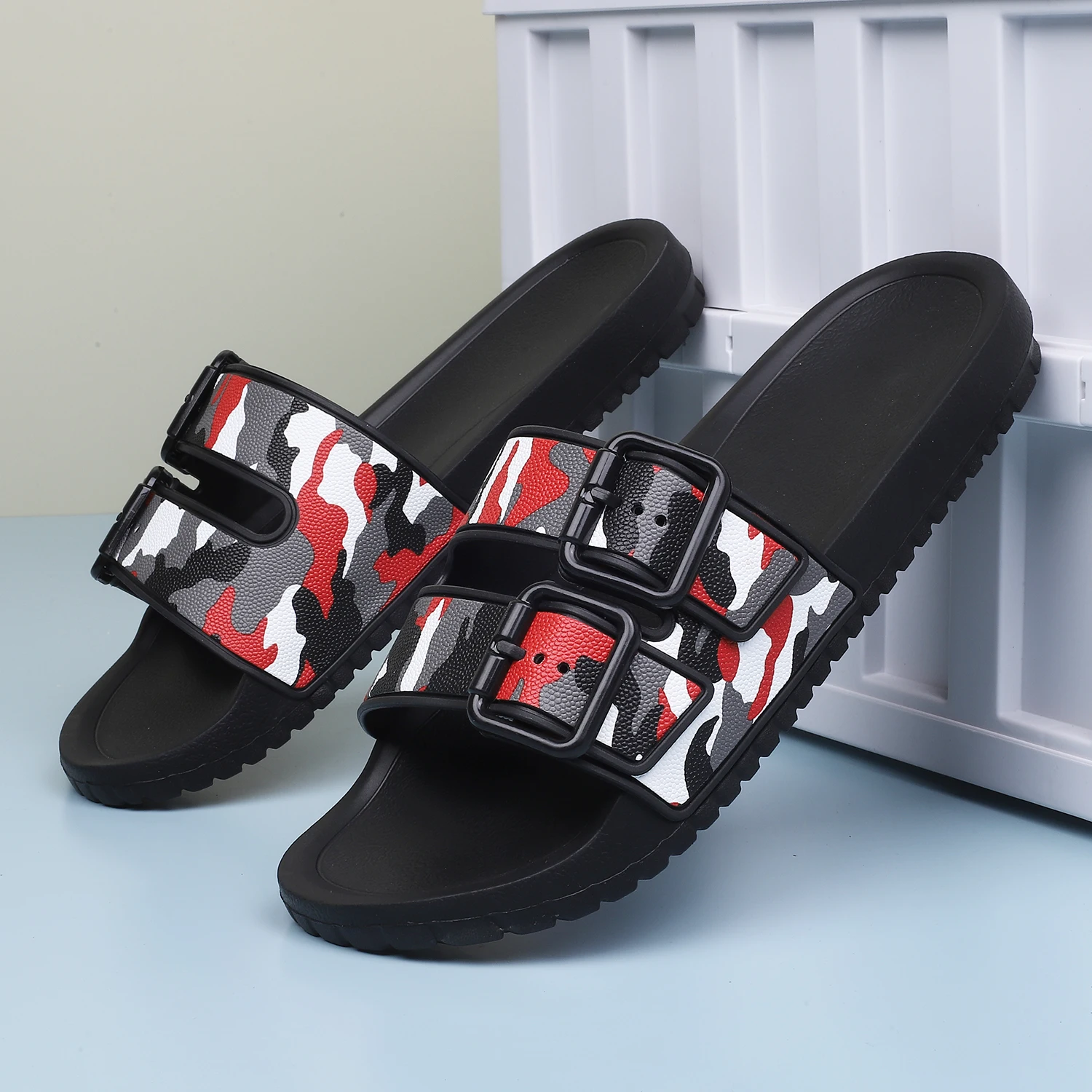 Summer Fashion Camouflage Slippers With Double Buckles For Men Outdoor Slide Sandals Non-skid Indoor Home house Beach