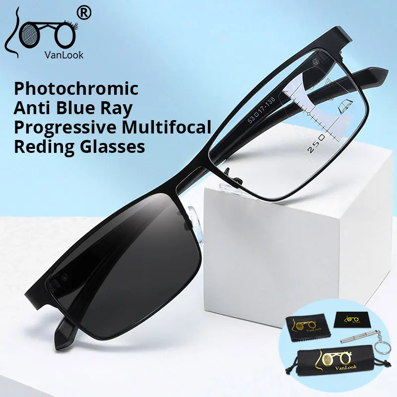 

Photochromic Reading Glasses Progressive Multifocal Anti Blue Light Presbyopic Glasses Men Business Eyeglasses Chameleon Lens 12