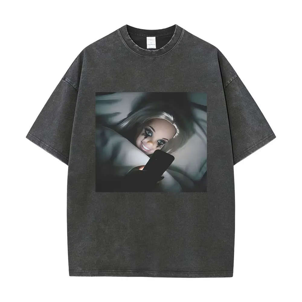 

Washed Vintage Funny Disgusting Doll Stay Up Late Playing on The Phone Meme T-shirt Men Women Casual Cotton Oversized T-shirts