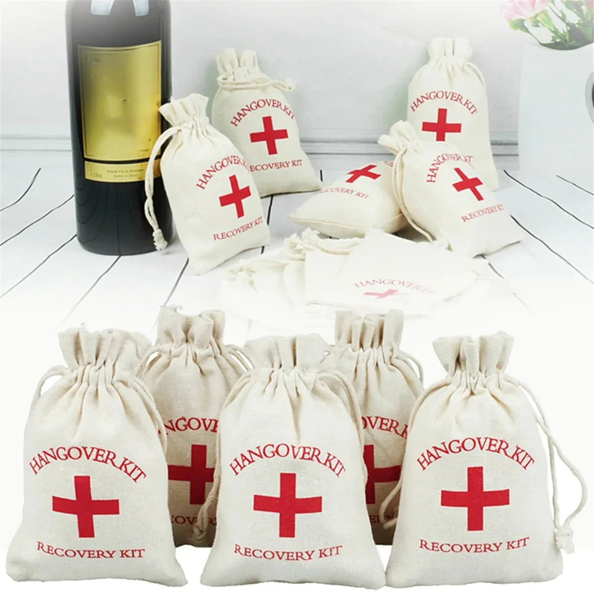 20Pcs Wedding Favor Holder Bag Kit Bags for Guests Gift Red Cross Cotton Linen Pouches Festival Event Party