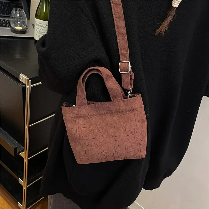 New Retro Suede Crossbody Bag Gentlewoman Letter Simple Mini Phone Bag Comfortable and Versatile Texture Embroidery Shoulder Bag