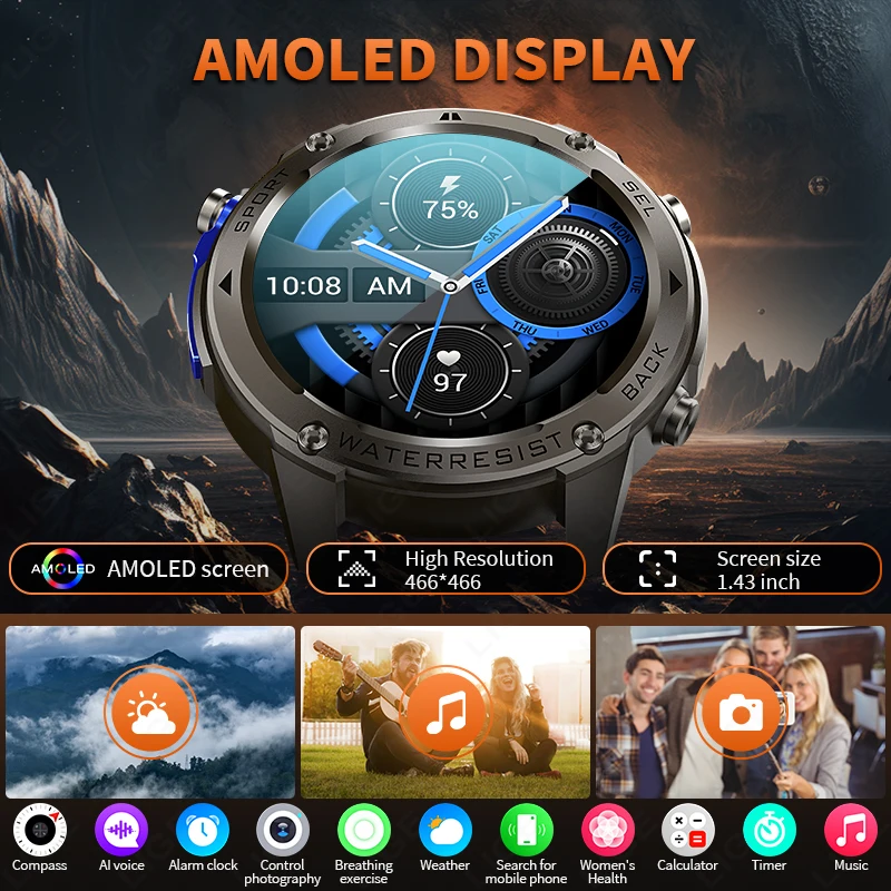 LIGE Outdoor GPS Sport Compass Smart Watch Men 4GB memory AMOLED Screen Men Watches 50M Waterproof 500mAh Battery Men Smartwatch