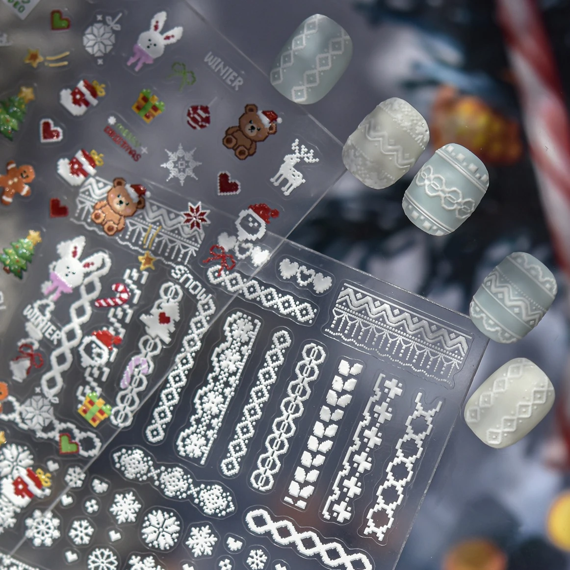 ピクセルセーターパターン雪の結晶ラブハートレース冬シックフラットホワイトスノー光沢シック繊細ネイルアートステッカーマニキュアデカール