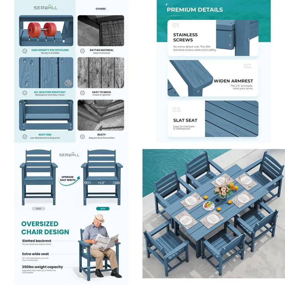 

7-местный комплект для уличной обеденной зоны с синим столом из HDPE и 6 стульями, с отверстием для зонта