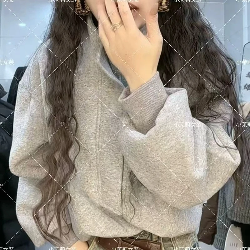 Suéter versátil de terciopelo de estilo extranjero de alta calidad con cremallera, cuello levantado americano, Top corto grueso holgado que cubre carne