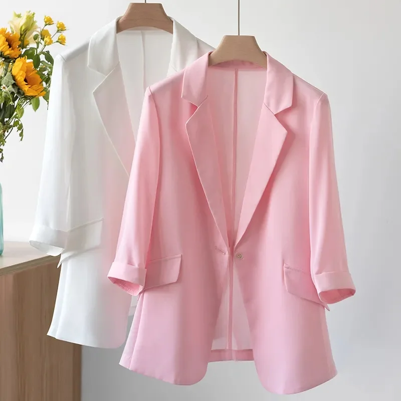 Blazer de manga três quartos para mulheres, blazer fino, casaco casual, tops chiques, senhora do escritório, moda feminina, monocromático,