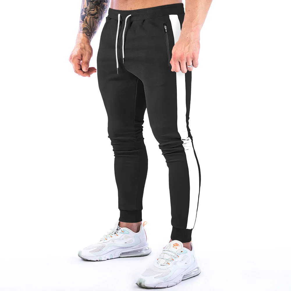 Mens Cotton Sport Trousers GYM Sweatpants Stripe Joggers Casual Training Workout Zipper Pocket Fitness Male Running Pants