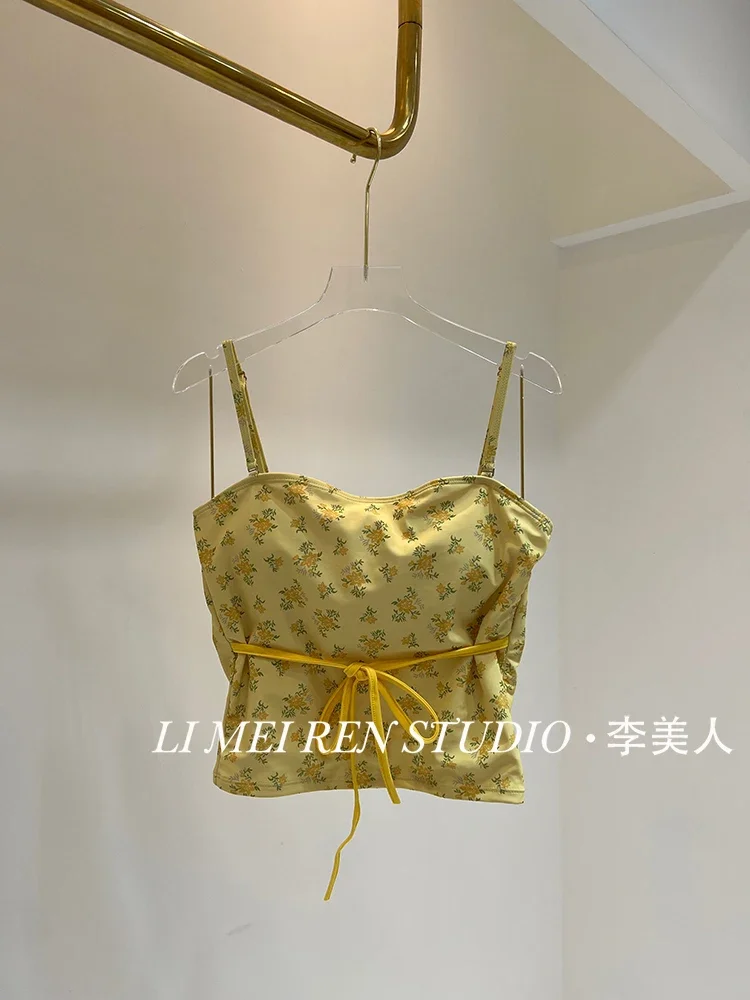 New Little Yellow Flower Holiday strapless camisole printed split swimsuit for women