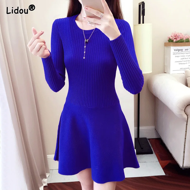 Solid Color Slim O-neck Long Sleeved Empire Dress Autumn Winter Women's Clothing Comfortable Pullover Simple Slender Office Lady