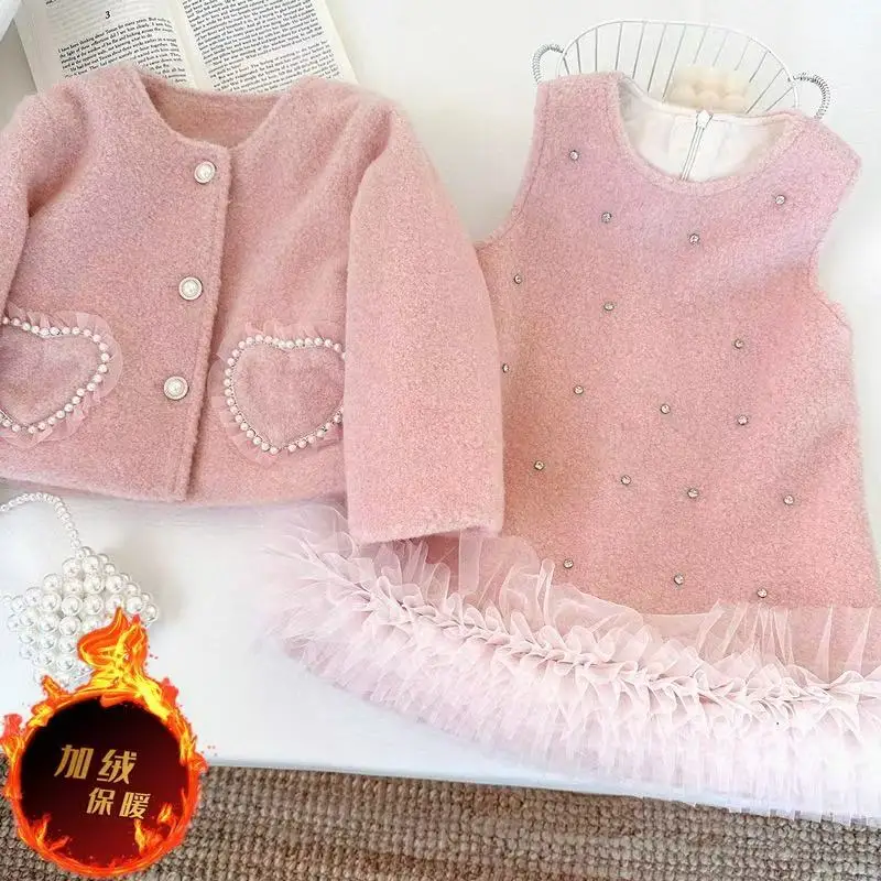 Girl's New Winter Dress Set Thickened 2025 Children's Small Fragrant Wind Mao Mao Jacket Vest Skirt Two-piece Set 90-140cm