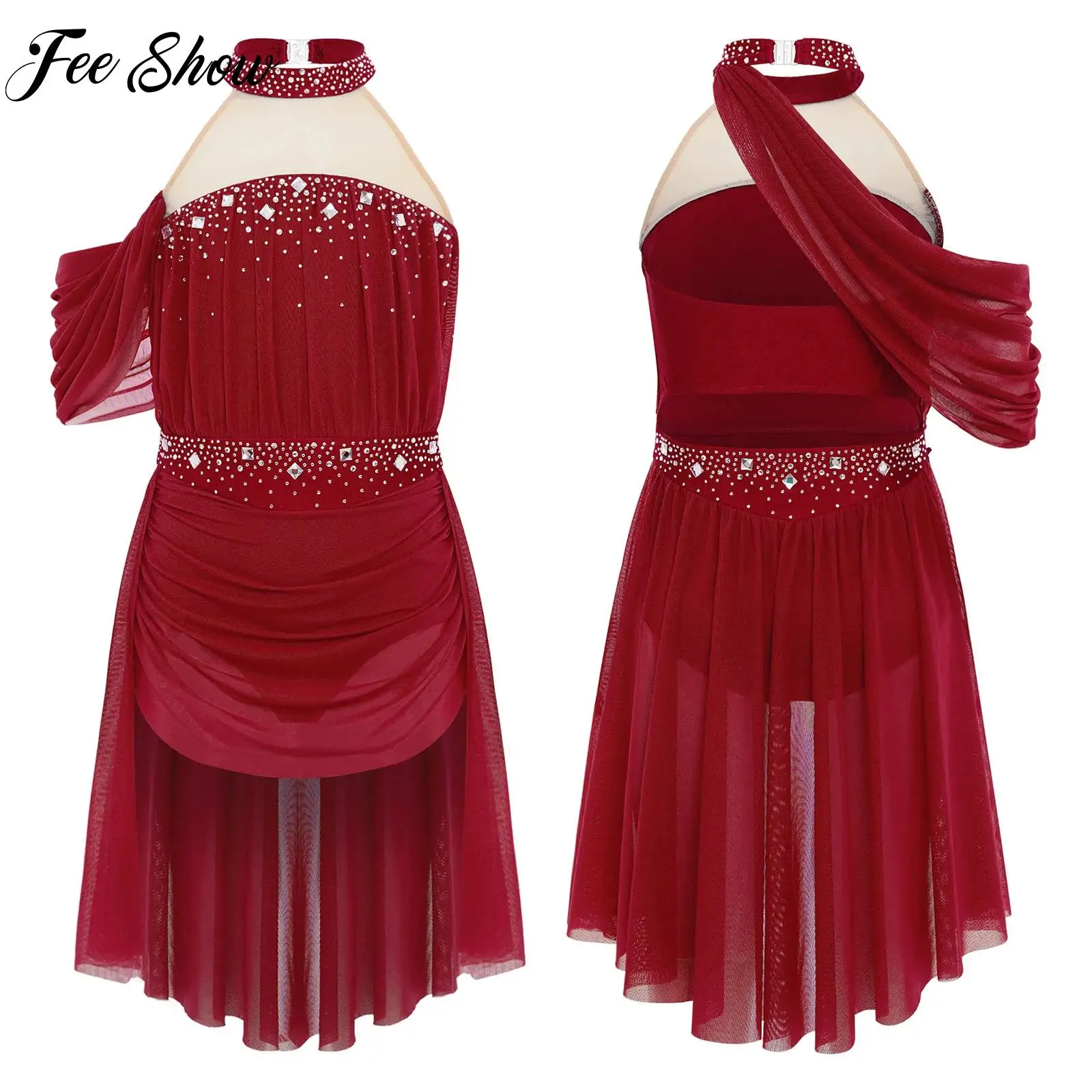 Sukienka baletowa dla dziewczynki, do tańca lirycznego i współczesnego, z odkrytymi plecami, błyszcząca, z dżetami, z siateczki, na łyżwiarstwo, do występów scenicznych.