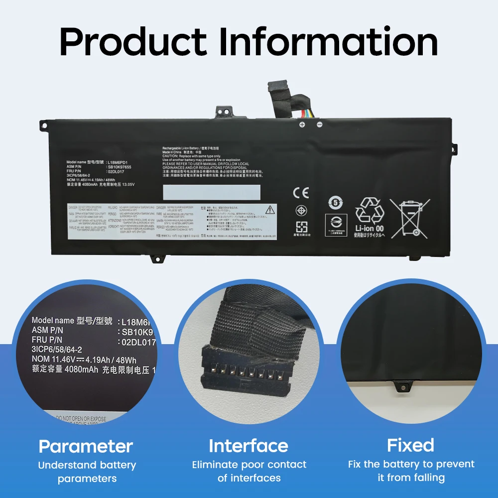 L18M6PD1 L18C6PD1 Battery for Lenovo ThinkPad X13 Gen 1 X390 X395 TP00106A L18M6PD2 L18D6PD1 02DL017 02DL020 SB10K97658