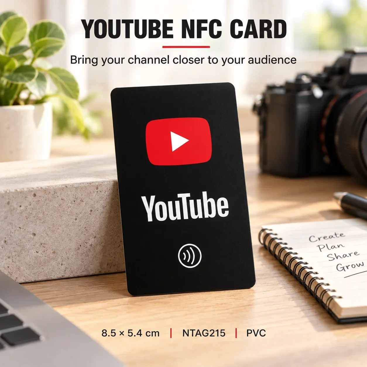 1pc NFC Social Media Card for YouTube NTAG215 Rewritable Black PVC Tap to Open Your Channel for Creators and Small Businesses