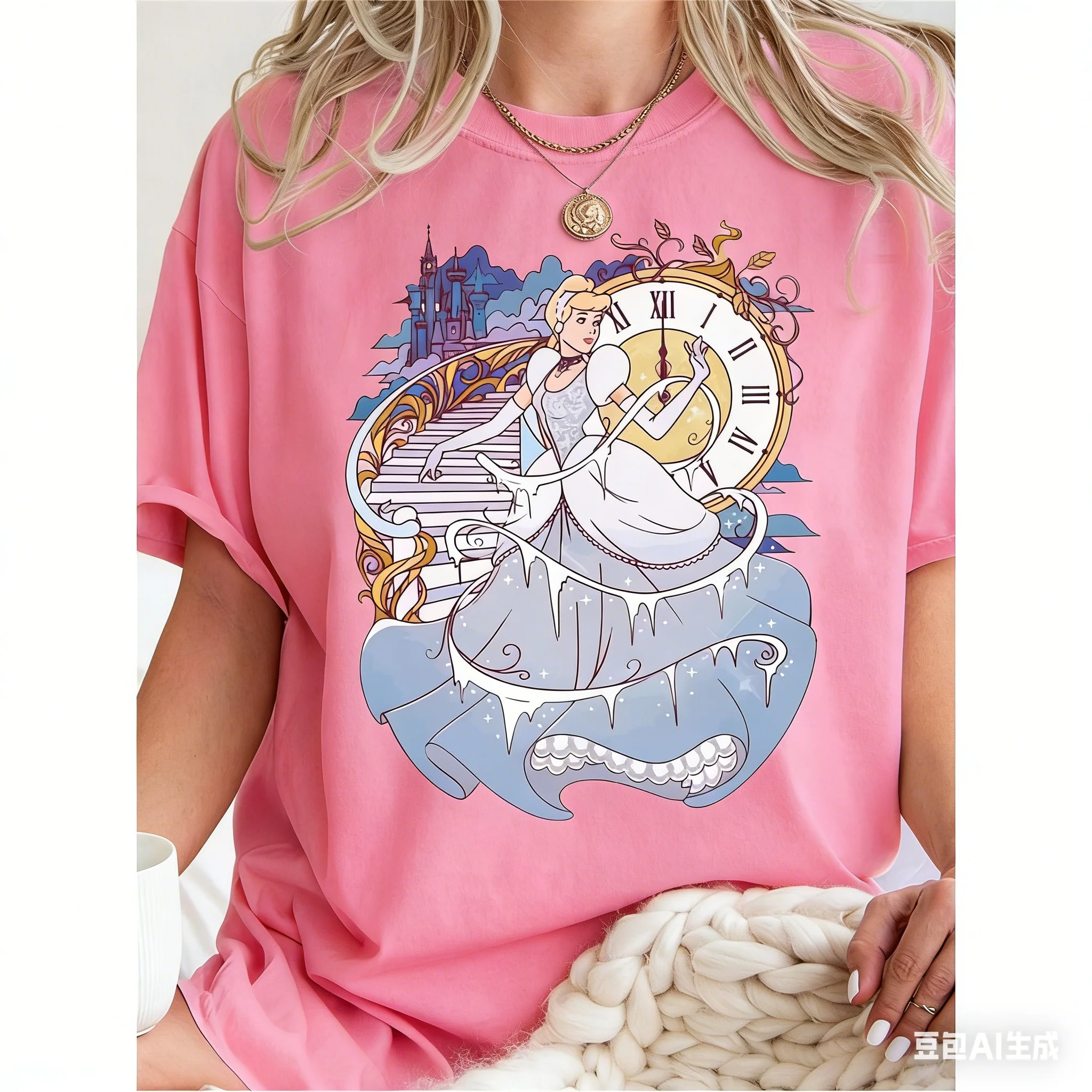 Cinderella and Midnight Castle T-Shirt Disney Princess Pattern T-Shirt Men's and Women's Summer Casual Comfort Short Sleeves