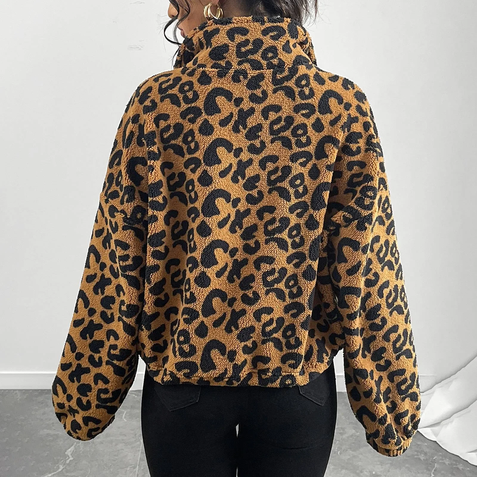 Lampart zapinana na zamek kurtka z długim rękawem bluza polarowa krótki płaszcz jesień/zima damska odzież wierzchnia sweter z zamkiem błyskawicznym płaszcz damski