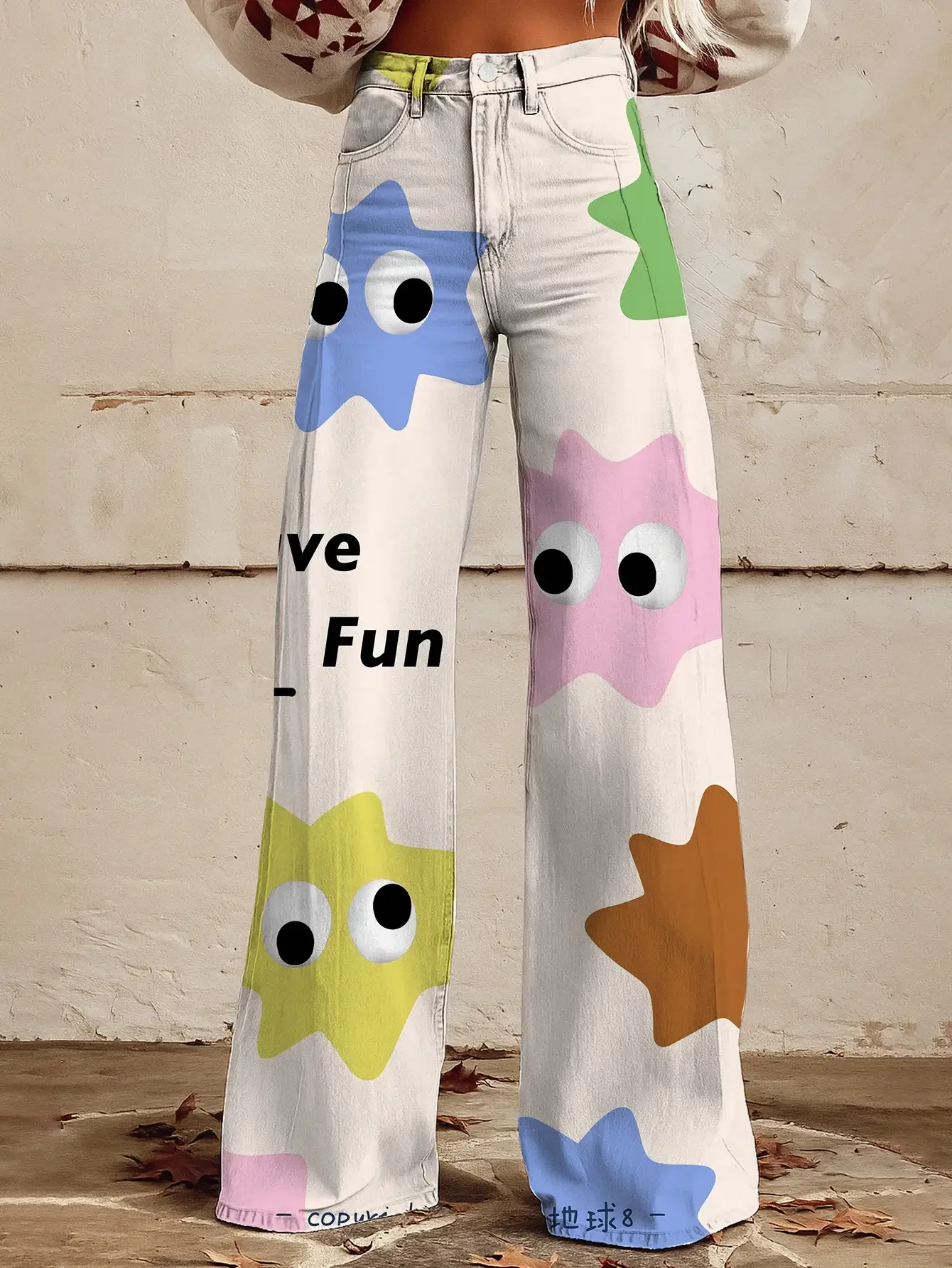 2026 بنطال جينز أبيض أساسي مطبوع ثلاثي الأبعاد ملون بأرجل واسعة #1