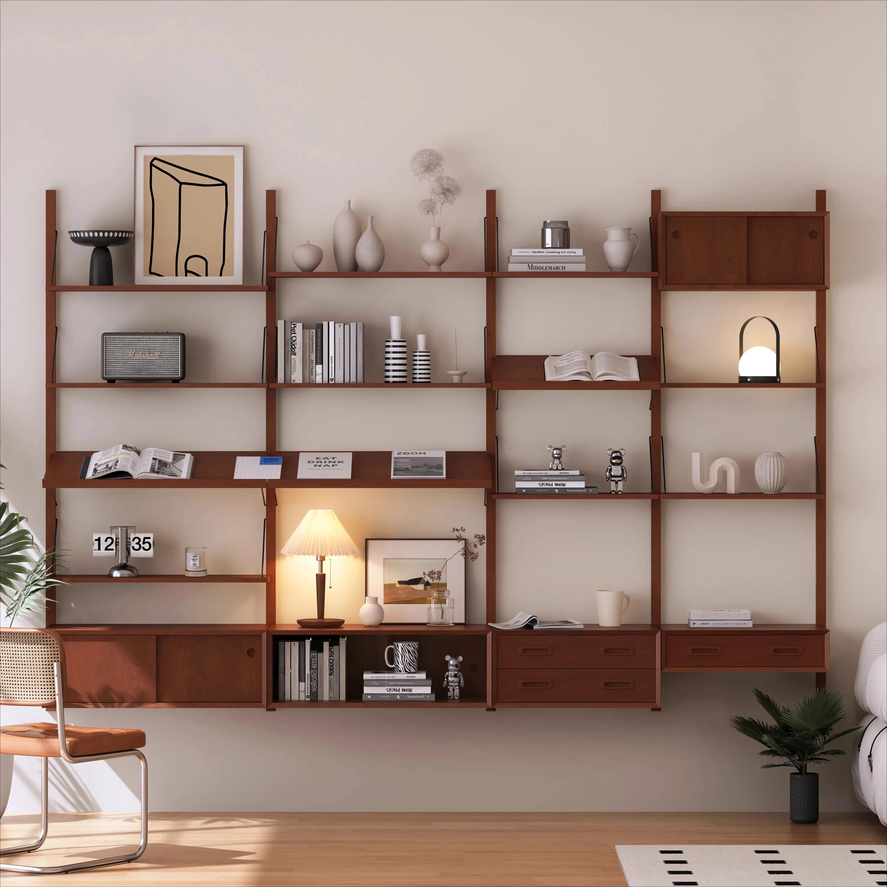 Medieval wall track bookshelf Small apartment adjustable shelf Wall hanging Free combination display stand Solid wood shelf